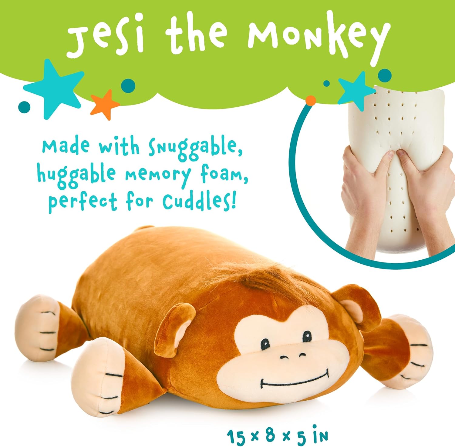 Cuddly Memory Foam Pillow Plush with Belly Pocket - Jesi The Monkey