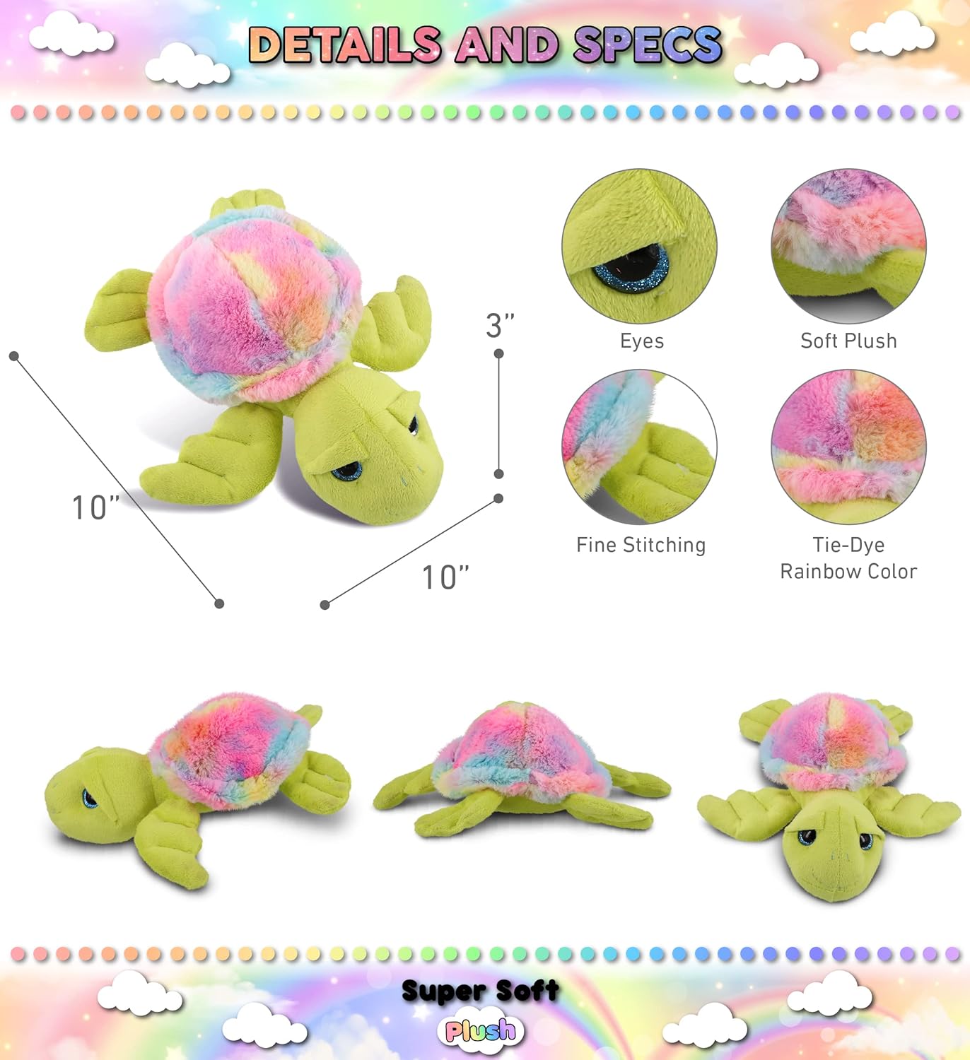 DolliBu Rainbow Green Sea Turtle Stuffed Animal Toy