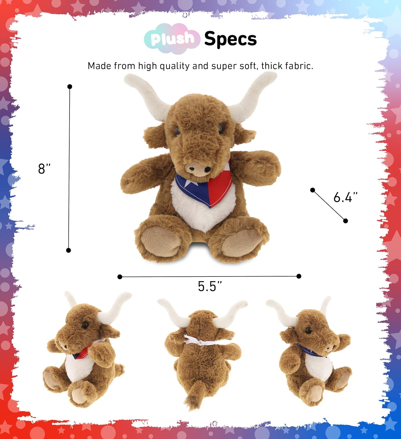 DolliBu Plush Texas Longhorn Stuffed Animal - 8 Inches