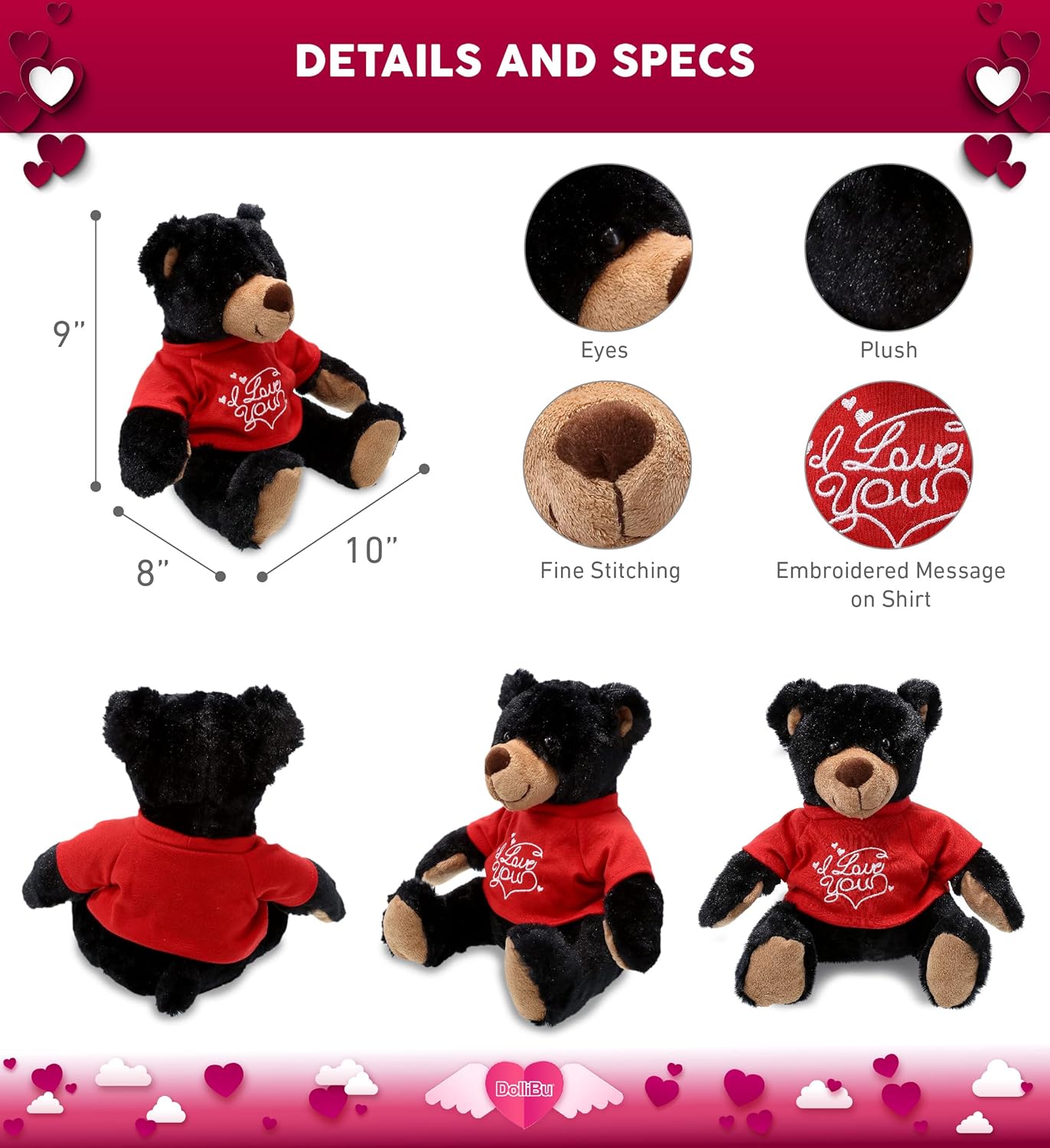 DolliBu I Love You Valentine Plush Black Bear