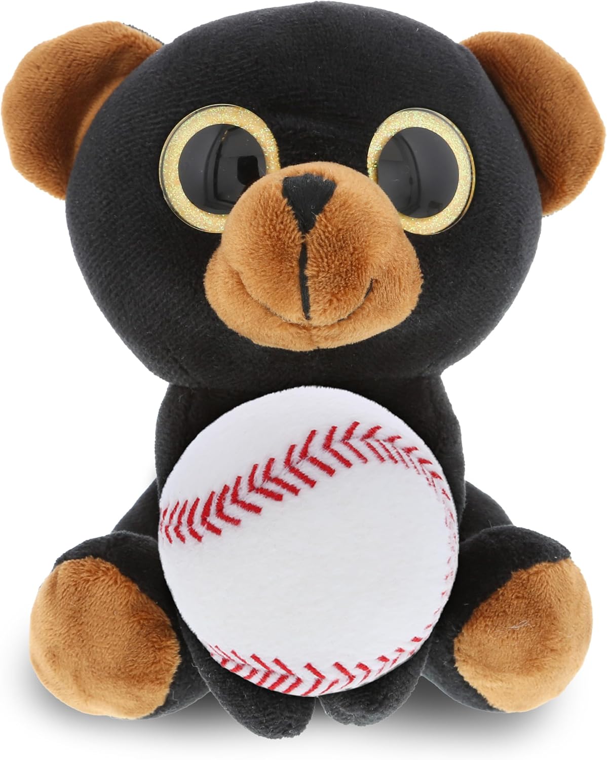 DolliBu Sparkling Eyes Black Bear Plush Toy with Baseball - 8 Inch
