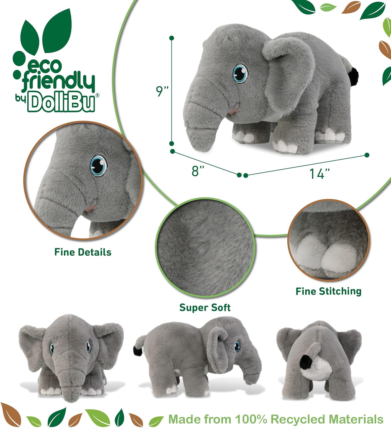 DolliBu Elephant Eco-Friendly Stuffed Animal 14 Inch