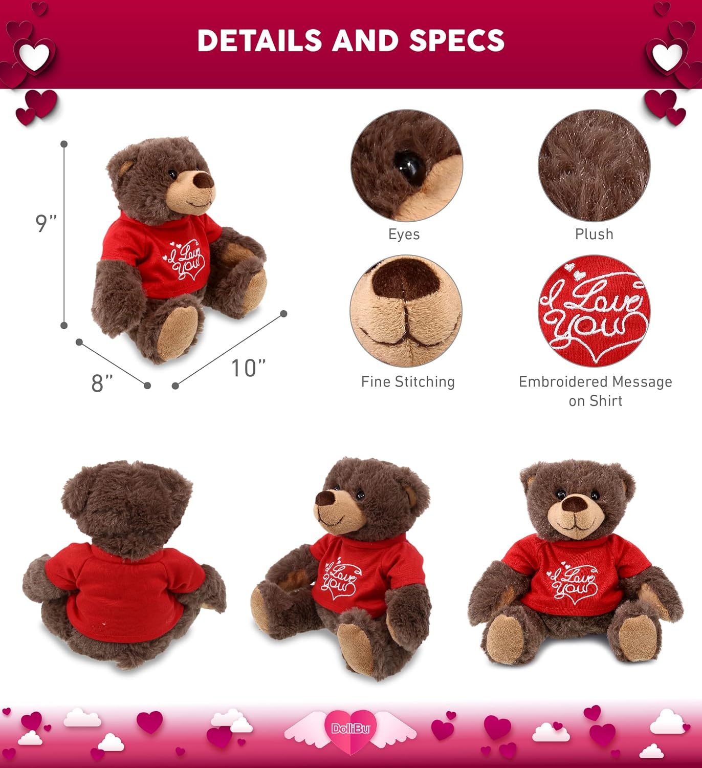 DolliBu Brown Bear Plush with Red Shirt