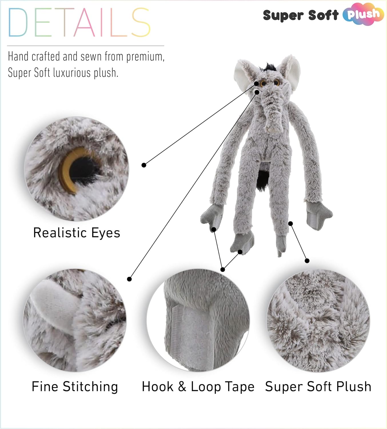 DolliBu 21 Inch Hanging Plush Elephant with Hook Loop Tape