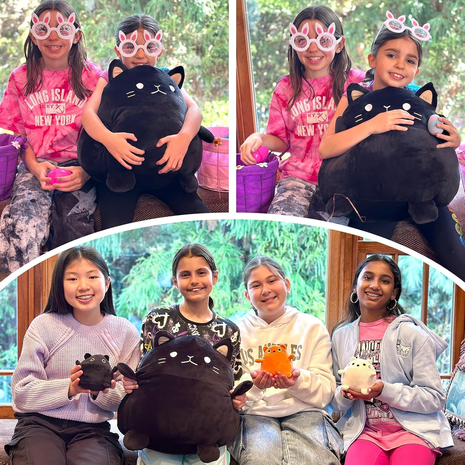 BENINY 4Pcs Cat Plush Set - Giant Black Cat Mommy 3 Baby Kittens