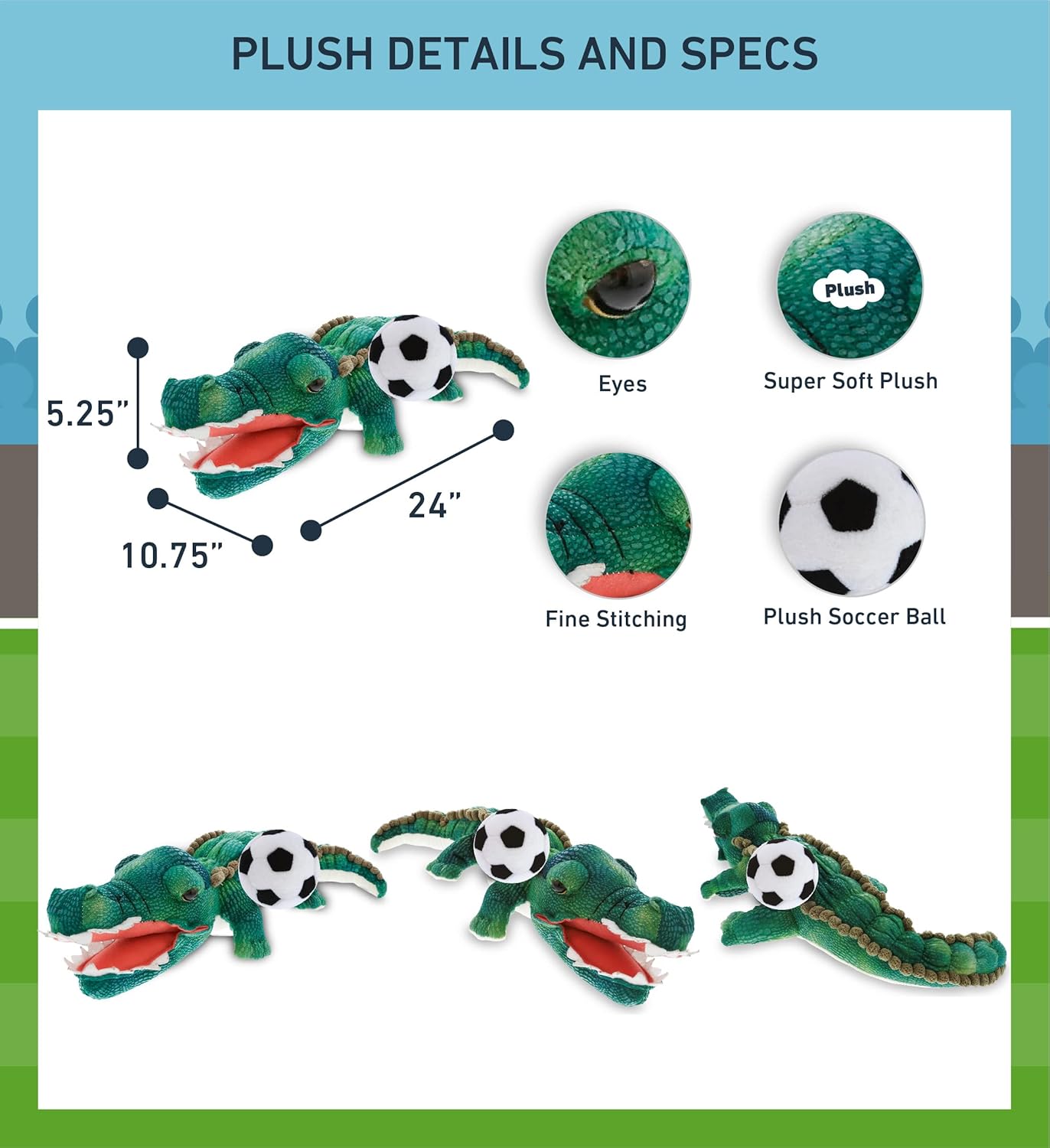 DolliBu Green Alligator Plush with Soccer Ball - 24 Inches