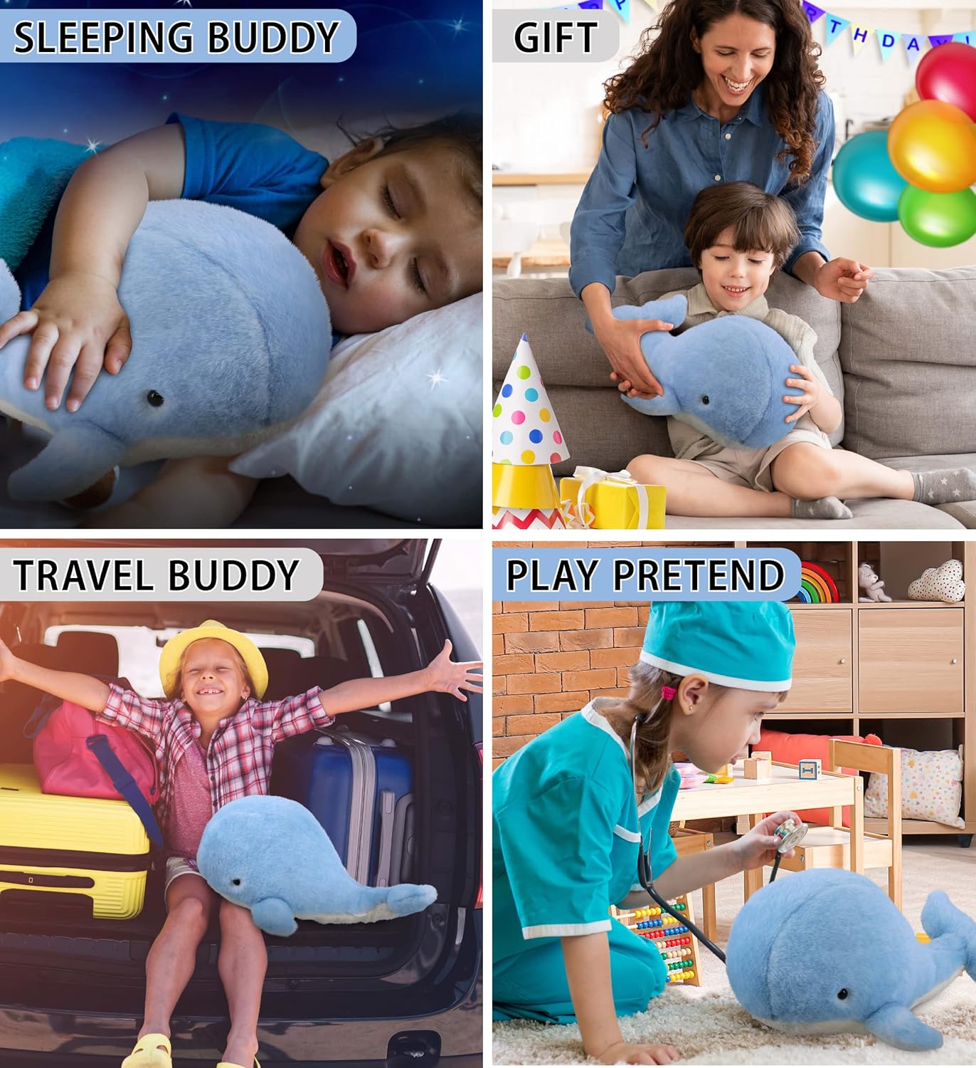 DolliBu Soft Blue Whale Plush Toy - 13 Inches Huggable Stuffed Animal