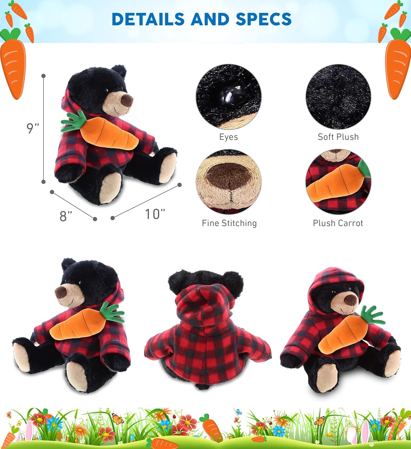 DolliBu Happy Easter Plush Black Bear with Carrot - 10 Inch
