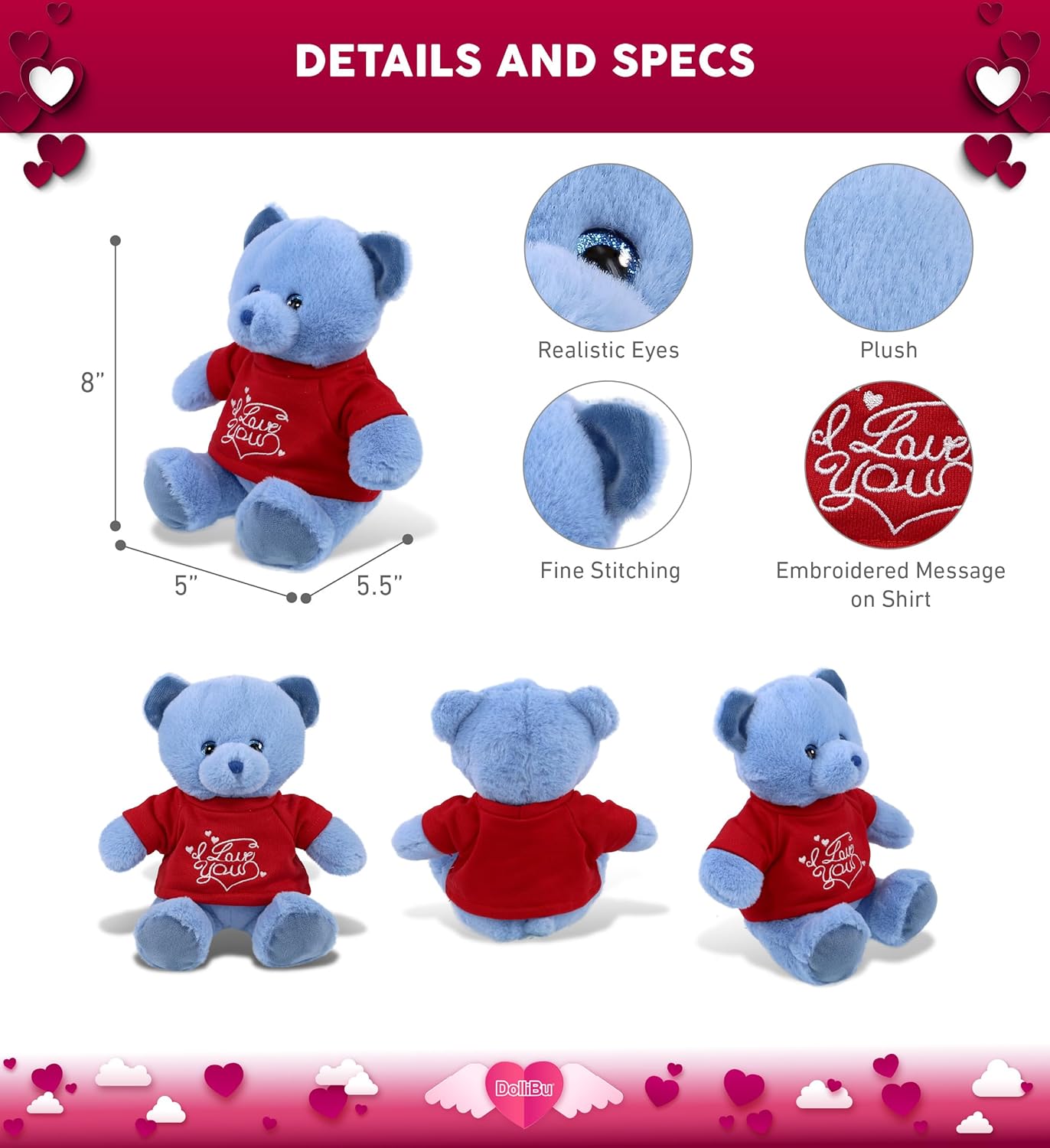 DolliBu I Love You Baby Blue Bear Plush - 8 Inches