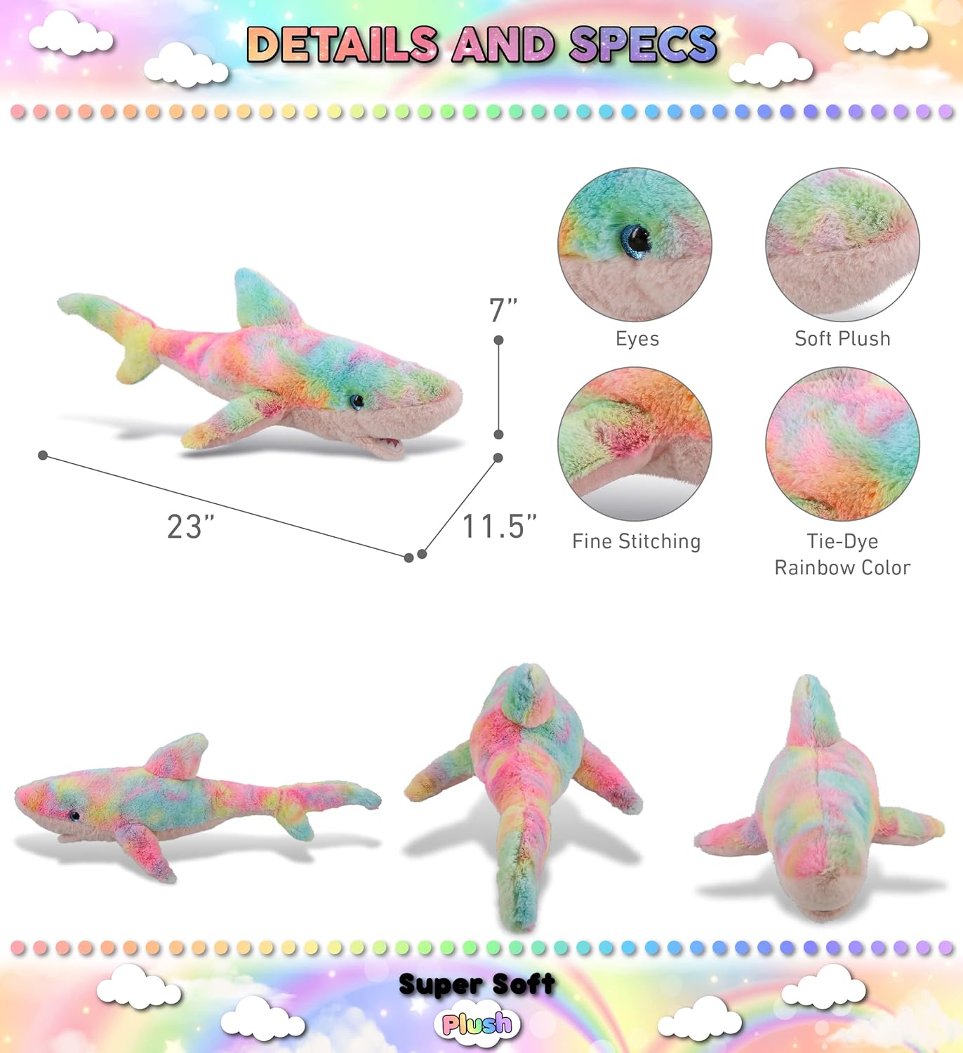 DolliBu Large Rainbow Shark Plush Toy