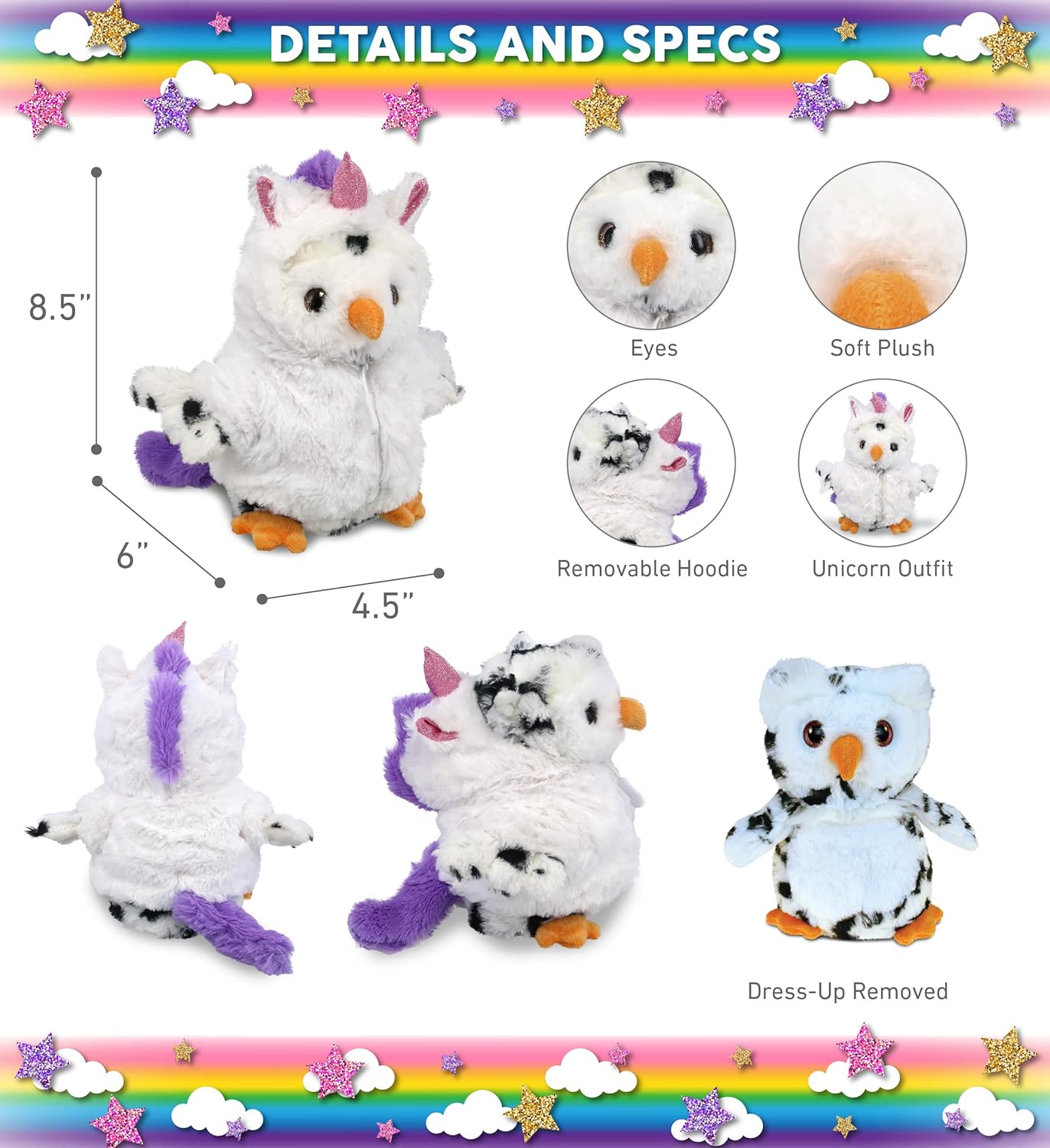 DolliBu White Owl Unicorn Plush Stuffed Animal - 85 Inches
