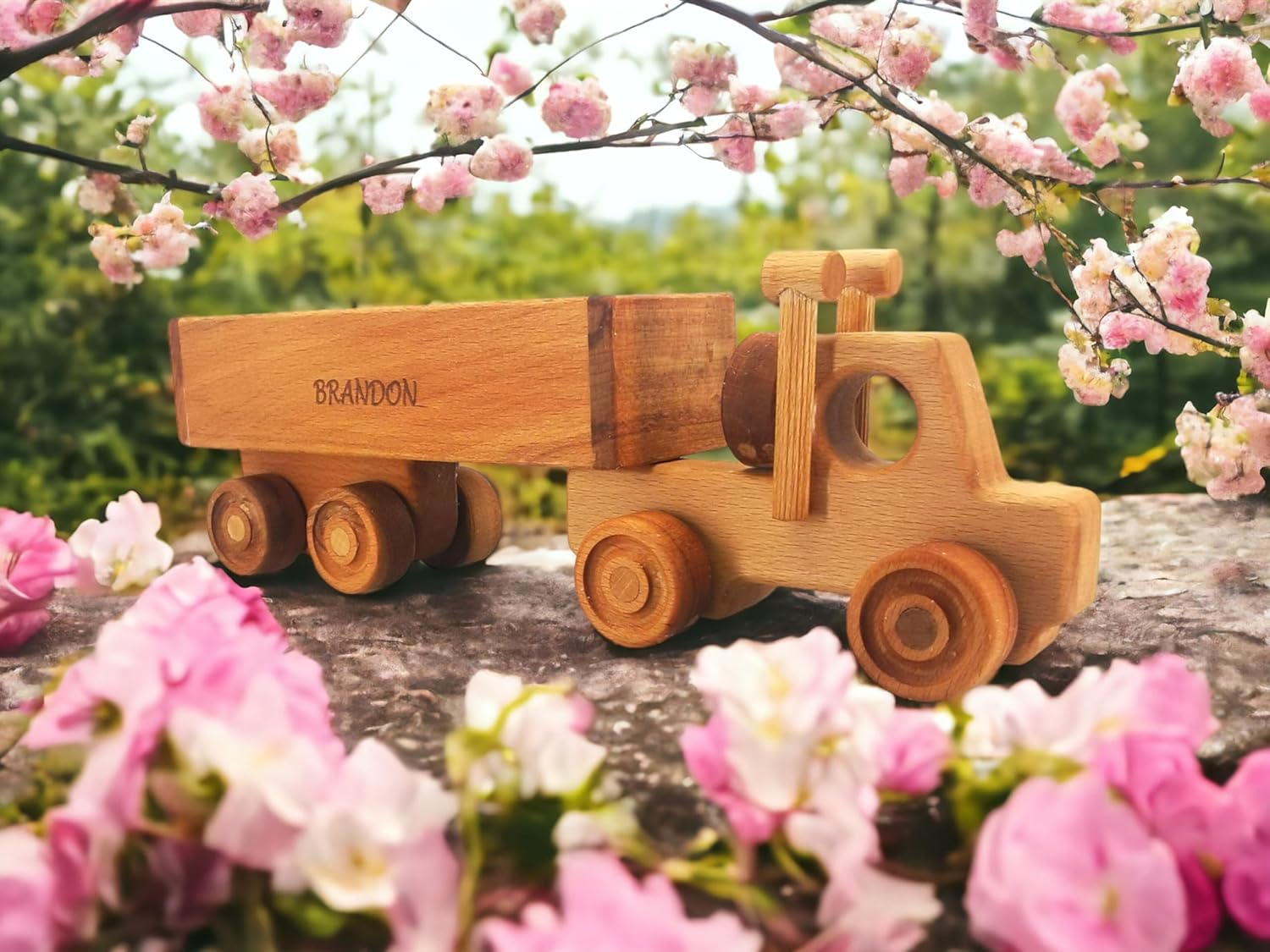 Personalized Wooden Toy Semi Truck With Trailer for Toddlers