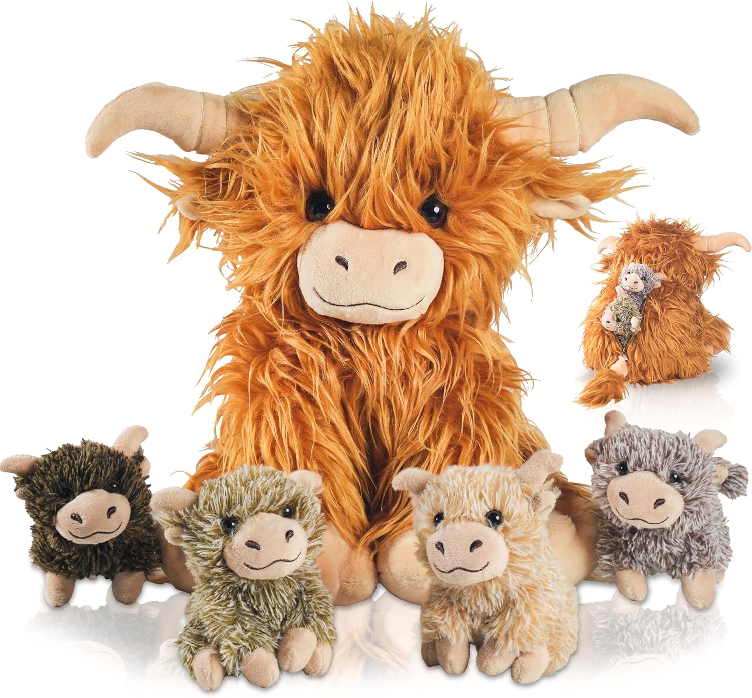 5 Pcs Highland Cow Plush Set with 4 Baby Calves
