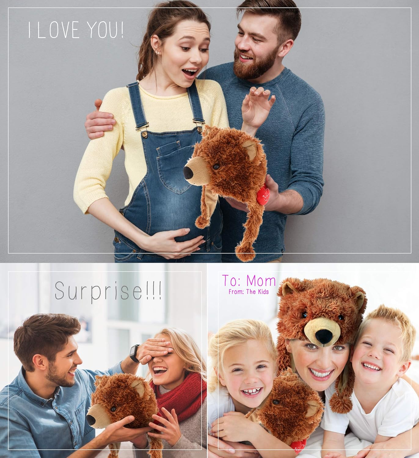 DolliBu I Love You Grizzly Bear Plush Hat - 16 Inches