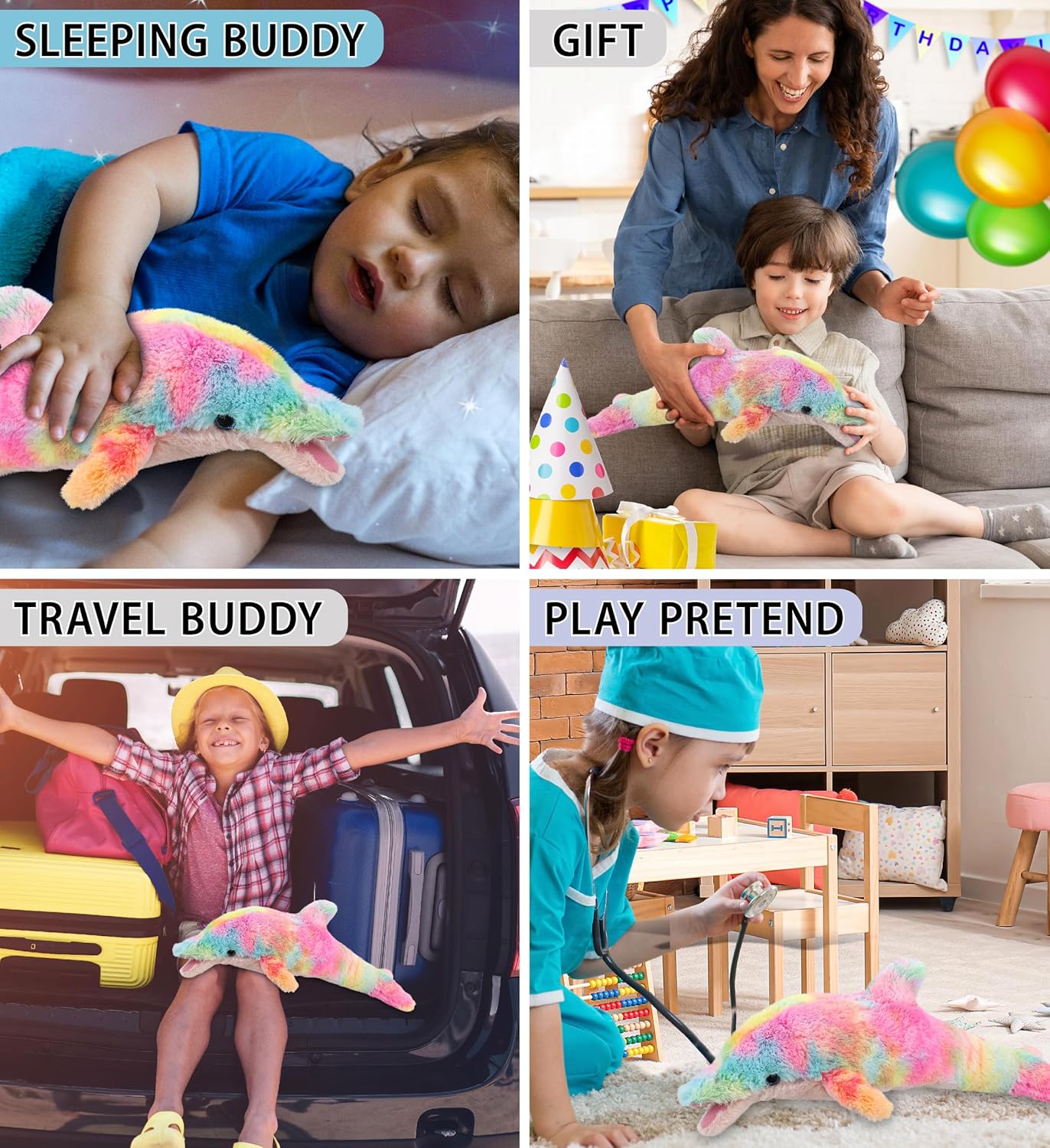 DolliBu Rainbow Plush Dolphin Toys 2 Pack