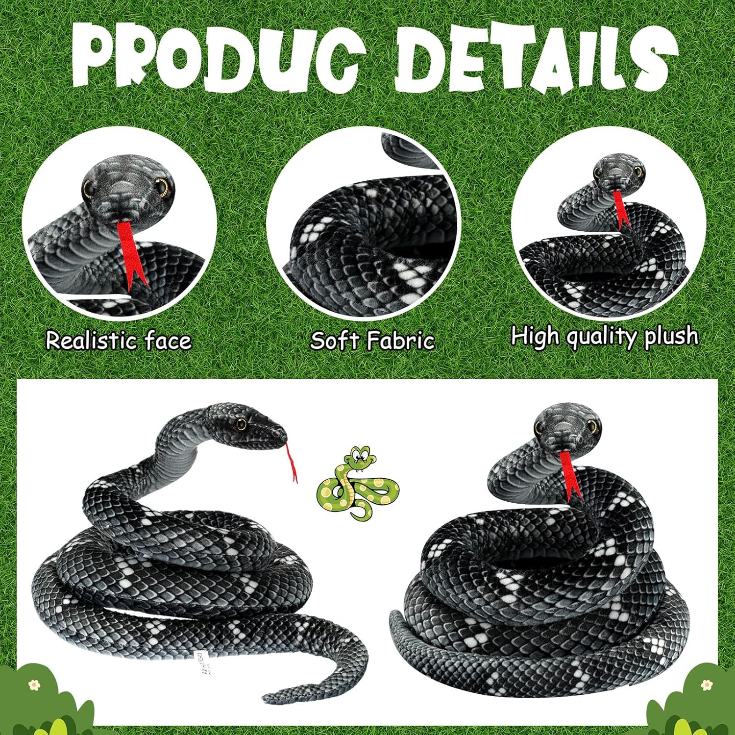 Hiboom Giant Snake Plush Toy 71 Inch Black Gray Realistic
