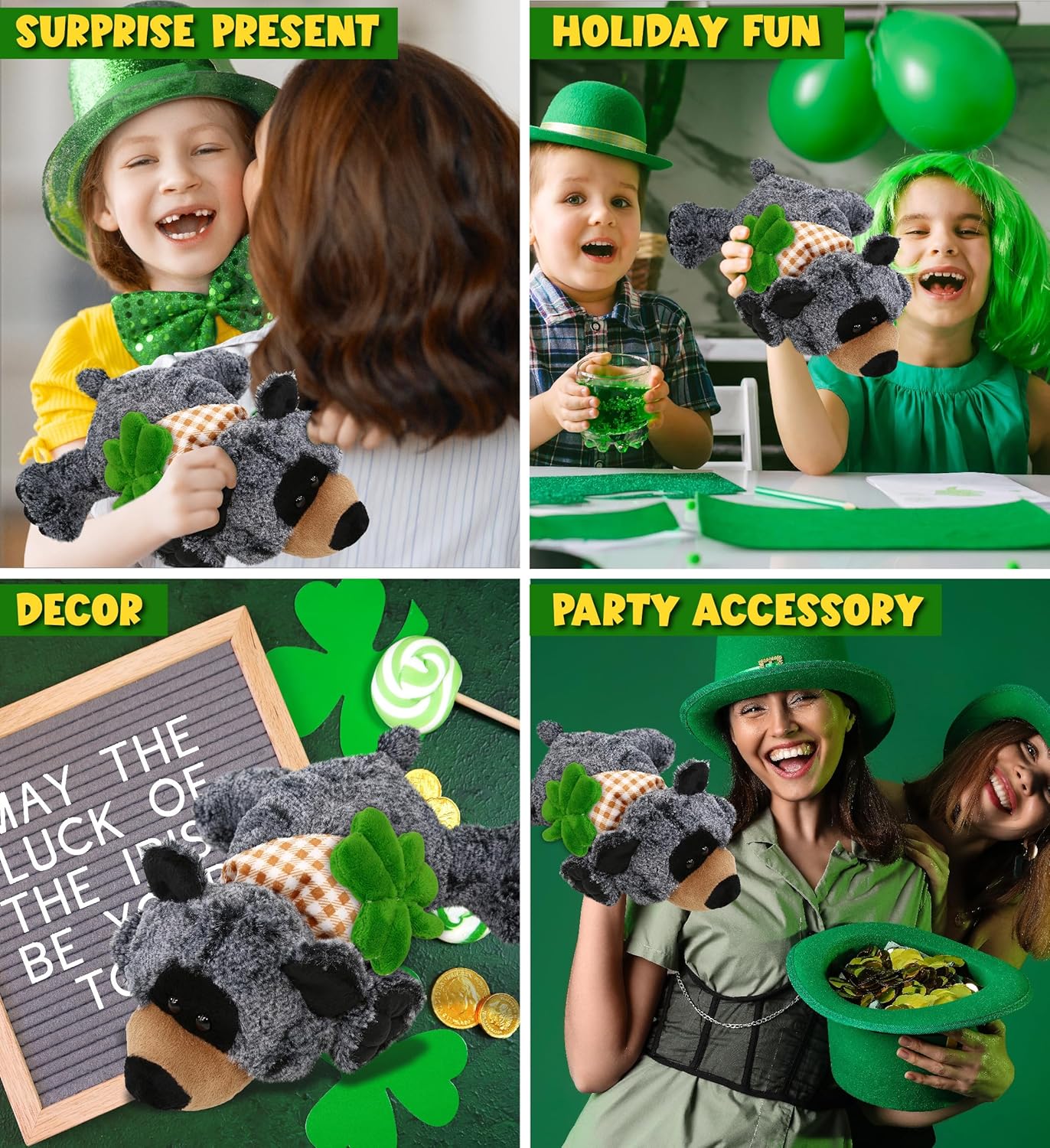 DolliBu Lying Black Bear Plush with Green Shamrock