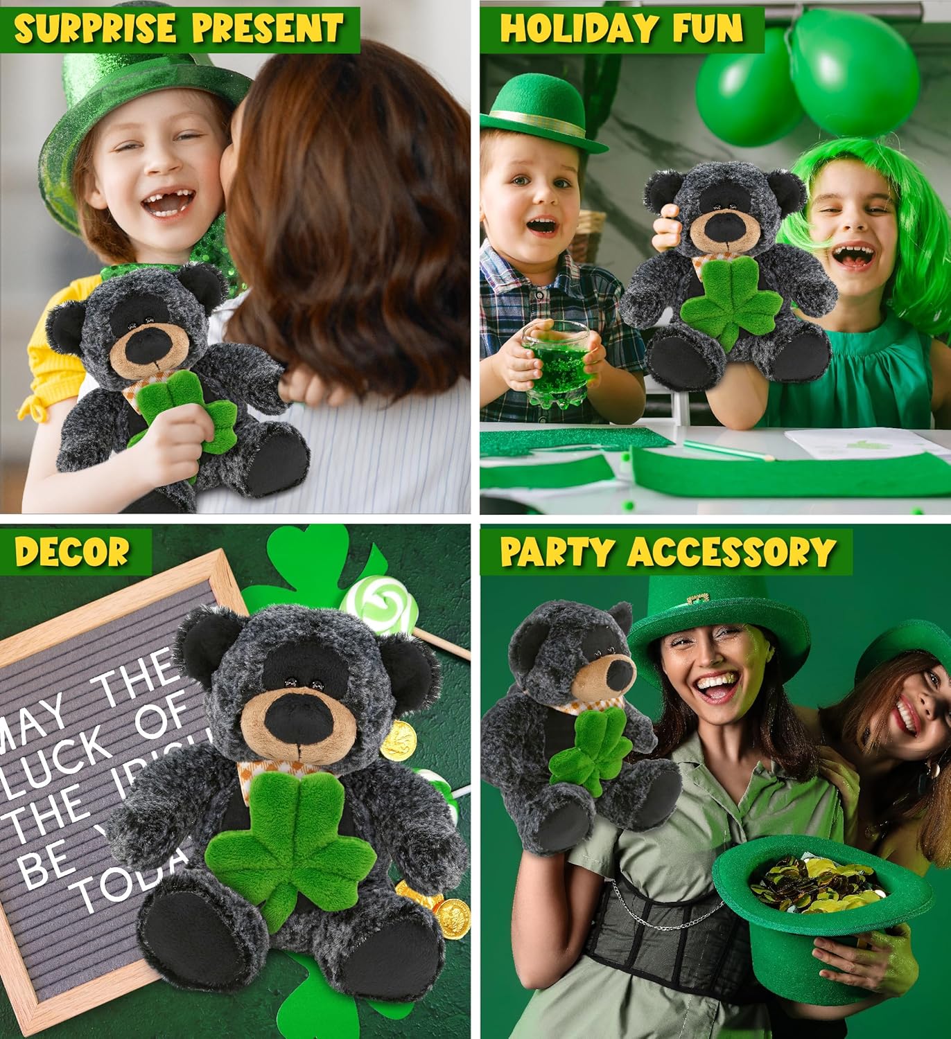DolliBu Super Soft Black Bear Stuffed Animal with Green Shamrock