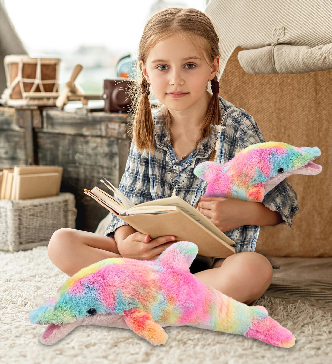 DolliBu Rainbow Plush Dolphin Toys 2 Pack