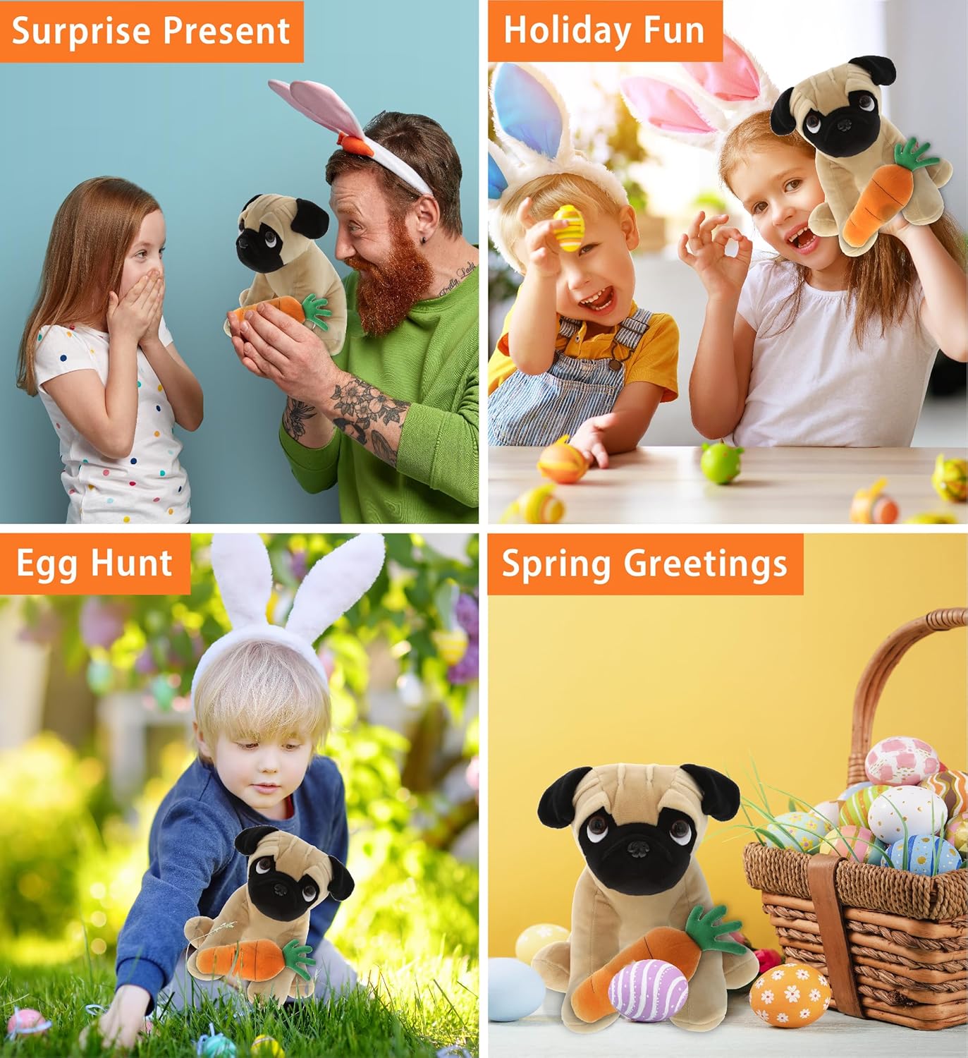 DolliBu Happy Easter Pug Plush with Carrot - 8 Inches