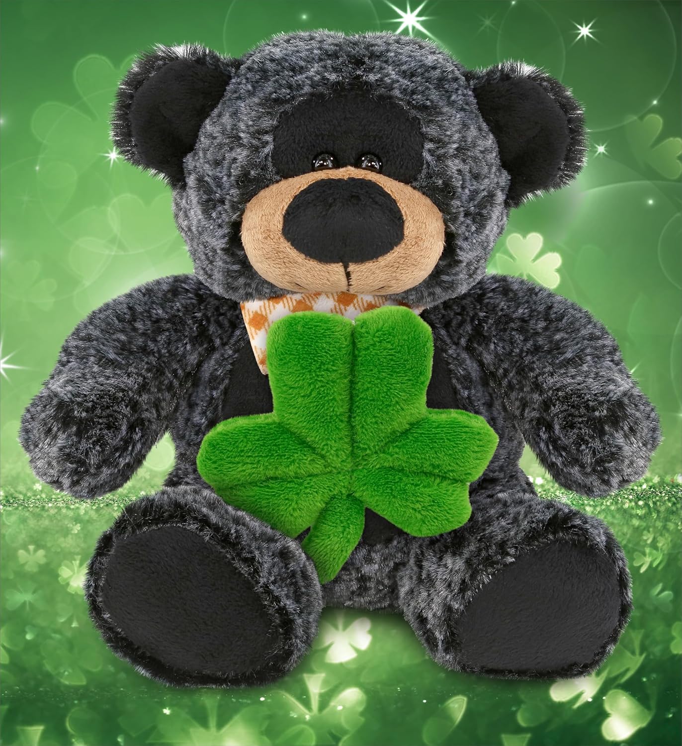 DolliBu Super Soft Black Bear Stuffed Animal with Green Shamrock