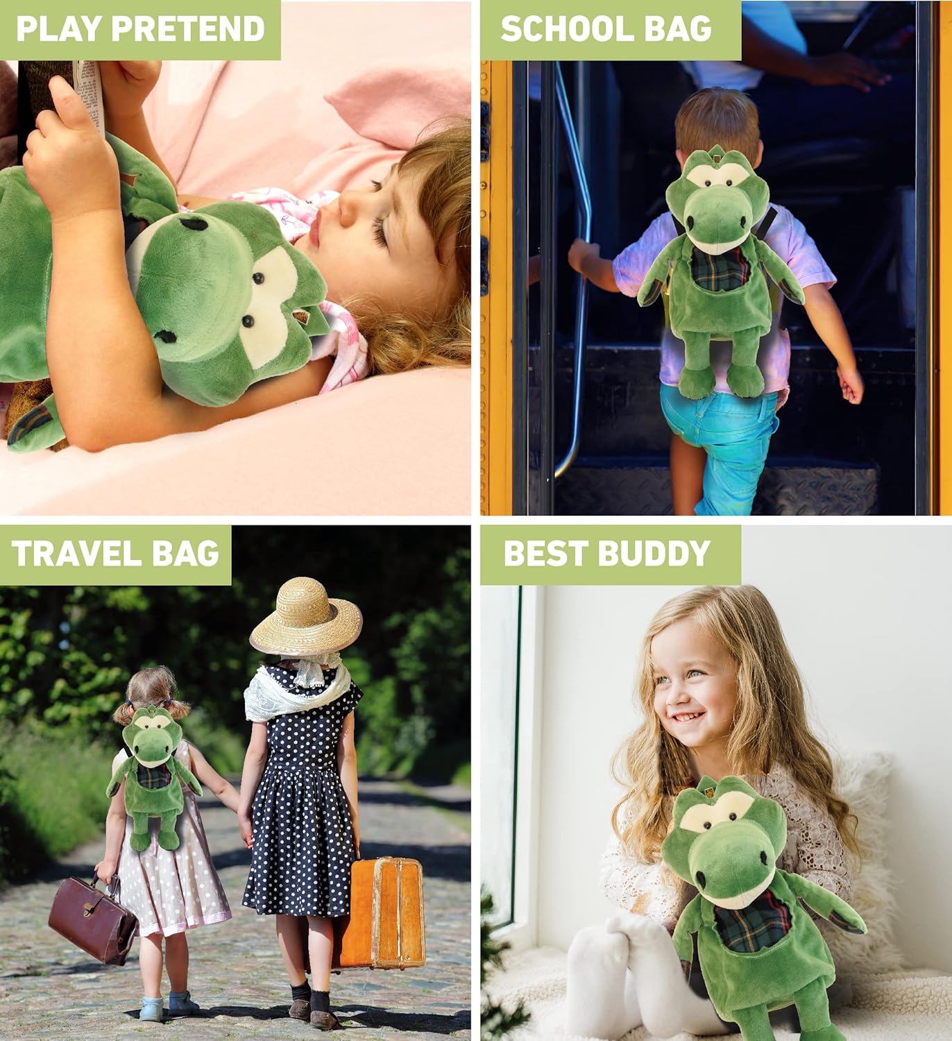 DolliBu Alligator Plush Backpack 14 Inch Cute Kids Travel Bag