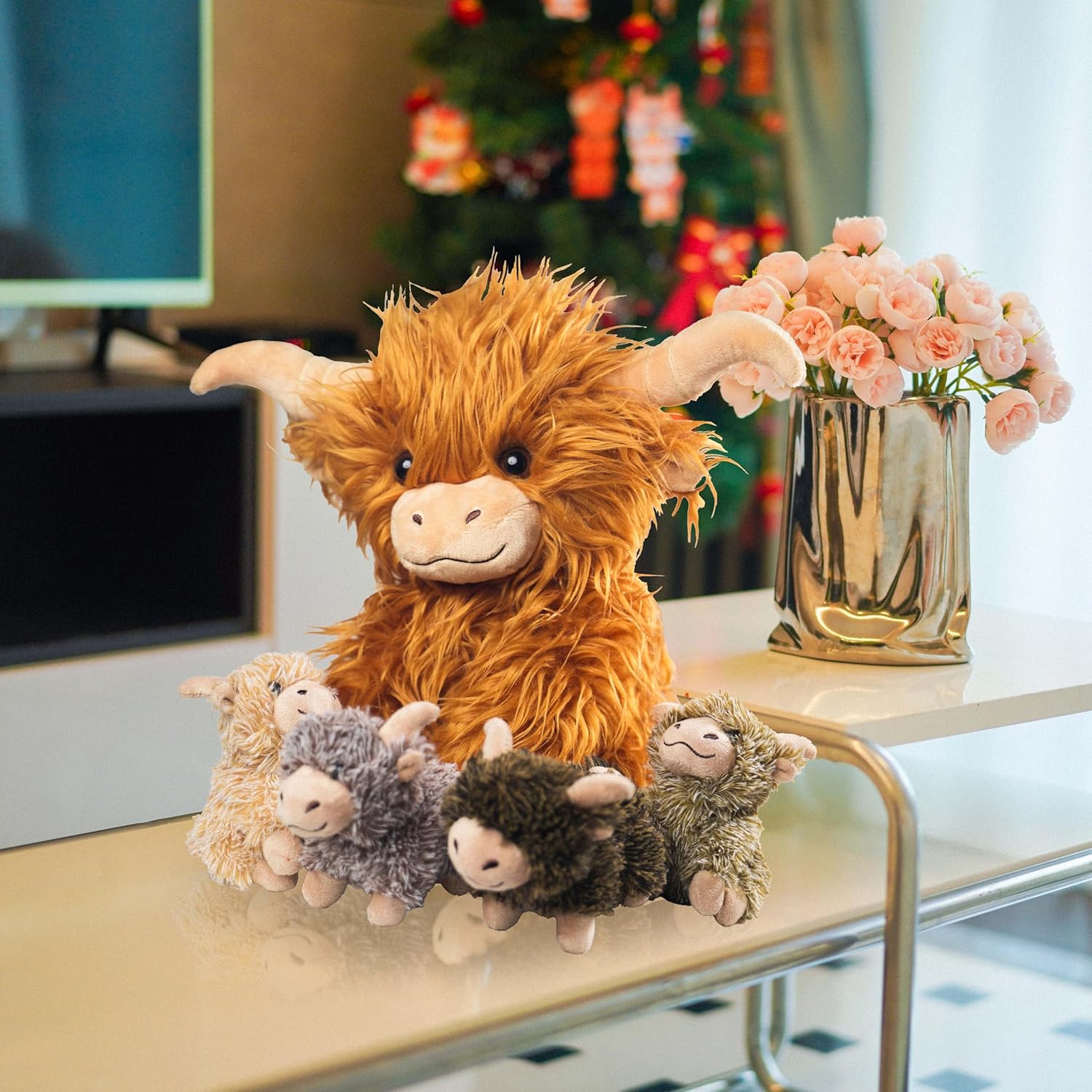 5 Pcs Highland Cow Plush Set with 4 Baby Calves