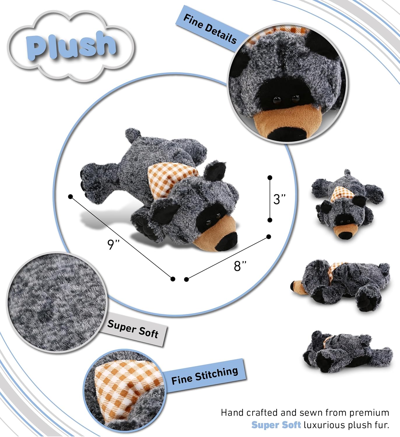 DolliBu Laying Black Bear Plush Toy - 9 Inches