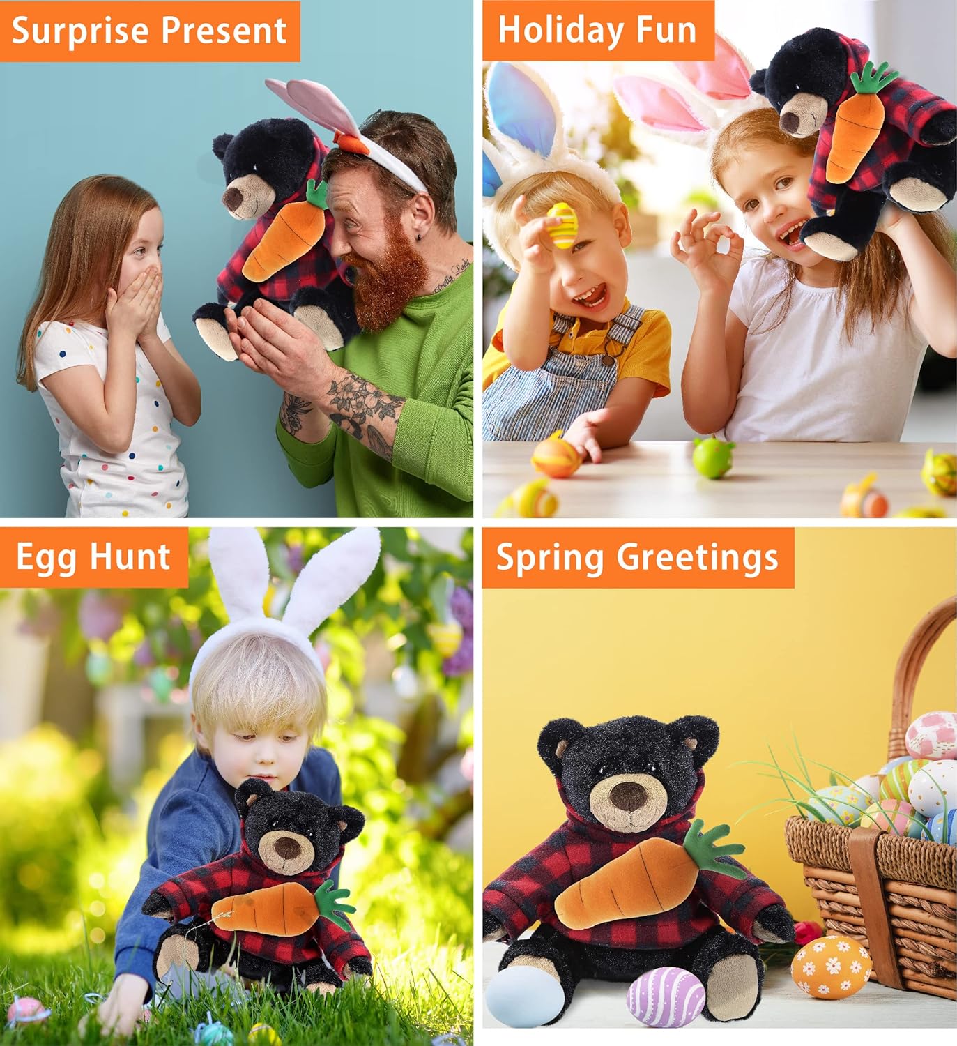 DolliBu Happy Easter Plush Black Bear with Carrot - 10 Inch