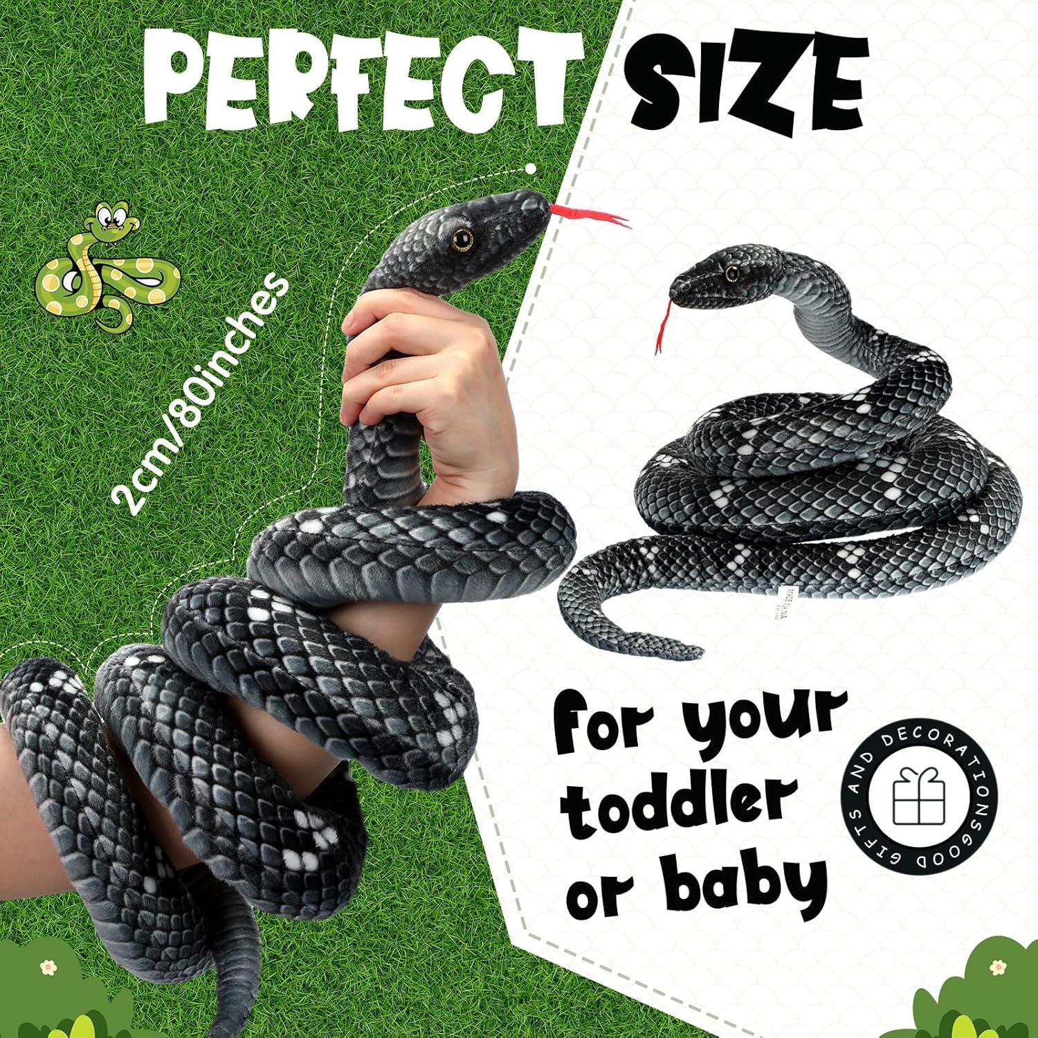 Hiboom Giant Snake Plush Toy 71 Inch Black Gray Realistic