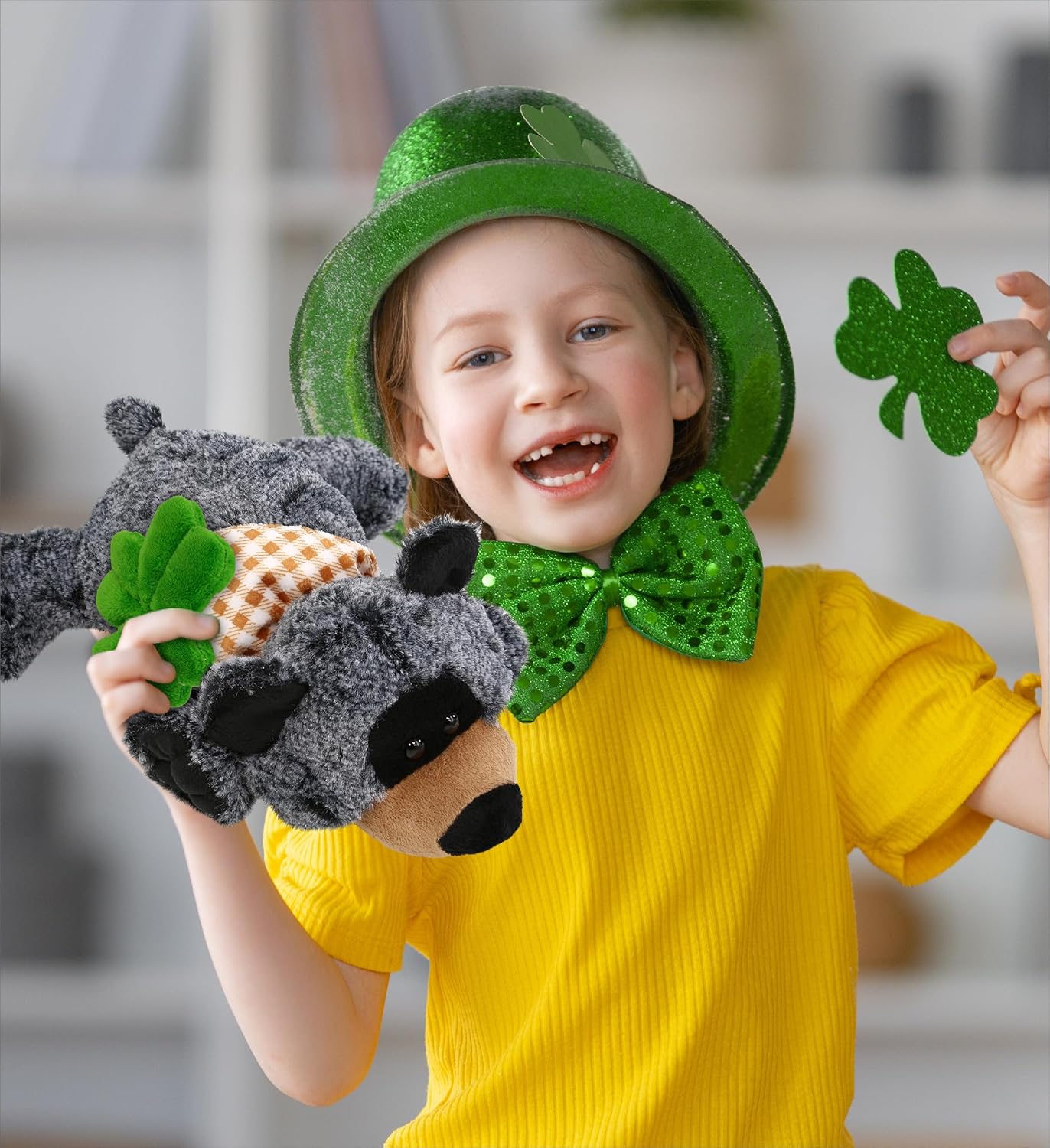 DolliBu Lying Black Bear Plush with Green Shamrock