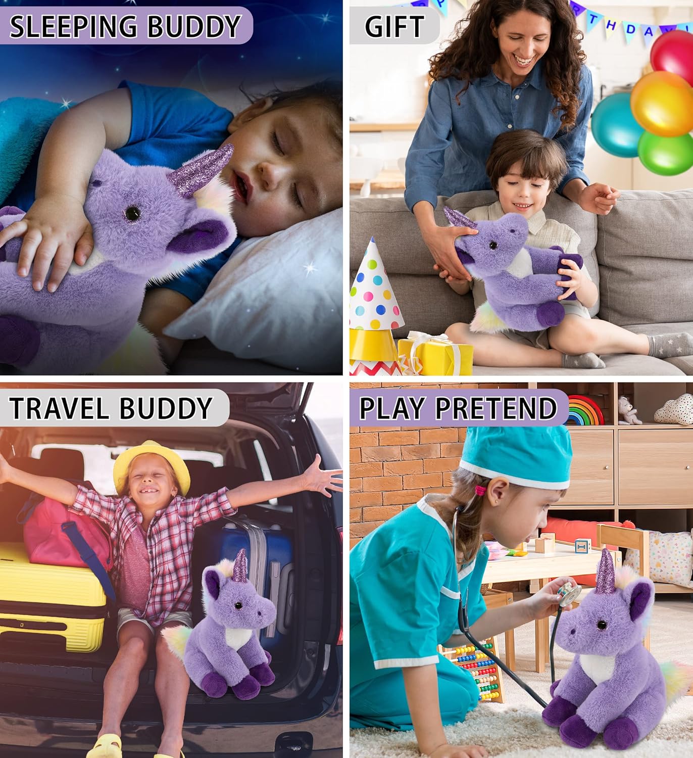 DolliBu Plush Purple Unicorn Toy - 9 Inches Huggable