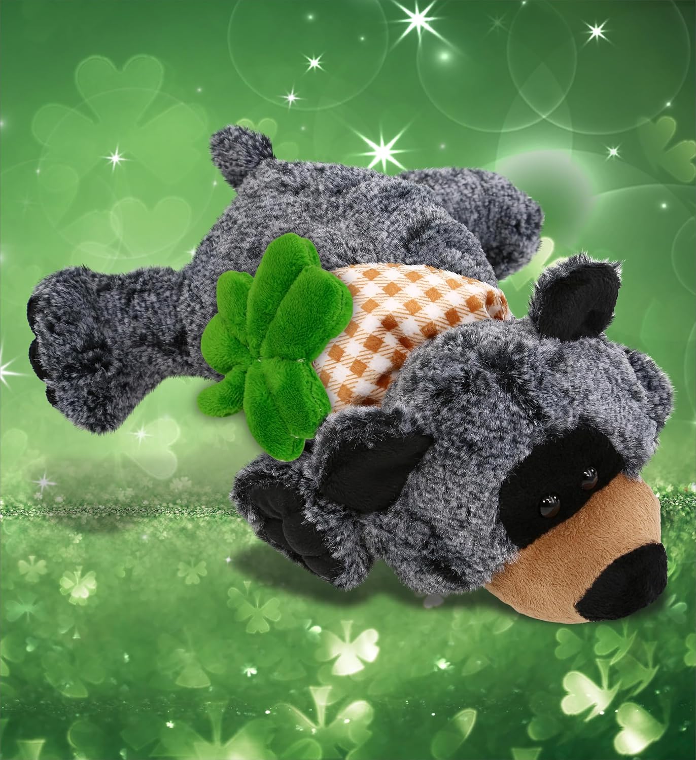 DolliBu Lying Black Bear Plush with Green Shamrock