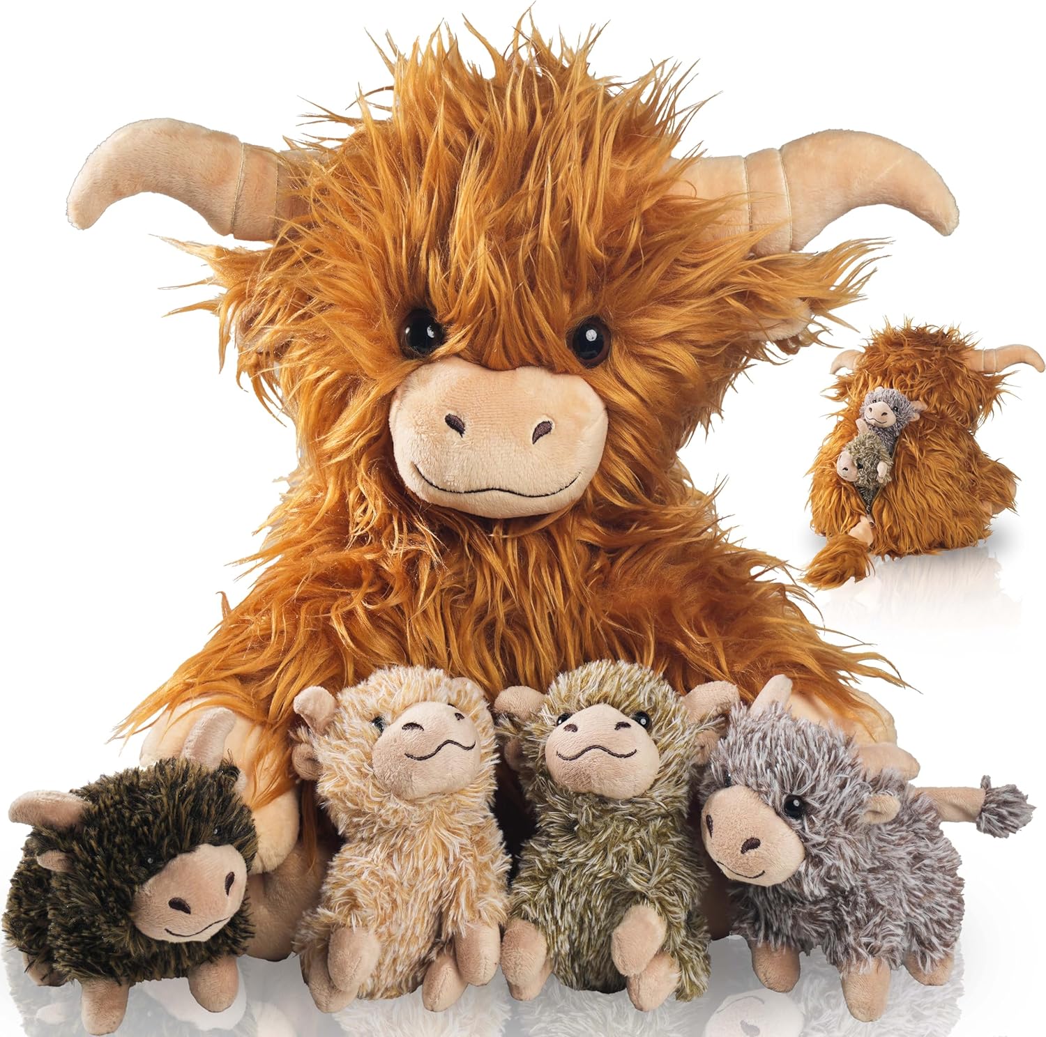 5 Pcs Highland Cow Plush Set with 4 Baby Calves