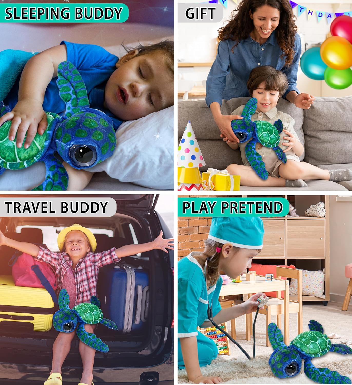 DolliBu Blue Sea Turtle Plush Stuffed Animal - 10 Inches